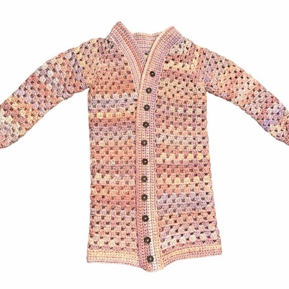 Handmade Crochet Long Cardigan Sweater - Pink and Purple. - Picture 2 of 6